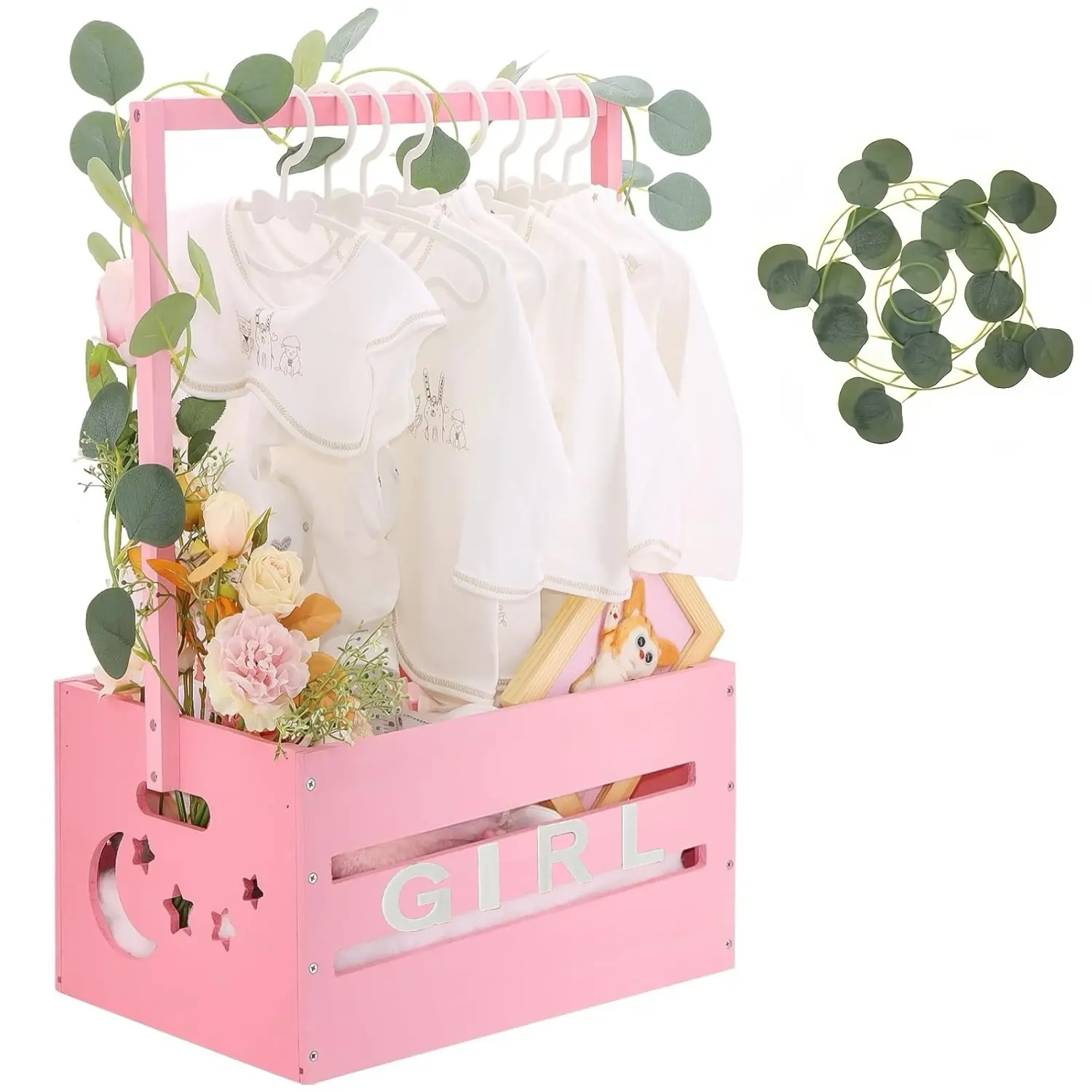 Wooden Baby Shower Crate Closet Forest Theme Baby Shower Storage Basket With Handle Easy Assembly Wooden Crate for Baby Shower Gifts with Baby Hangers Welcome Gift Basket for Newborn Pregnancy Gifts for New Parents Decorative Nursery Baskets