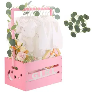 Wooden Baby Shower Crate Closet Forest Theme Baby Shower Storage Basket Easy Assembly Wooden Crate for Baby Shower Gifts with Baby Hangers Welcome Gift Basket for Newborn Pregnancy Gifts for New Parents Decorative Nursery Baskets