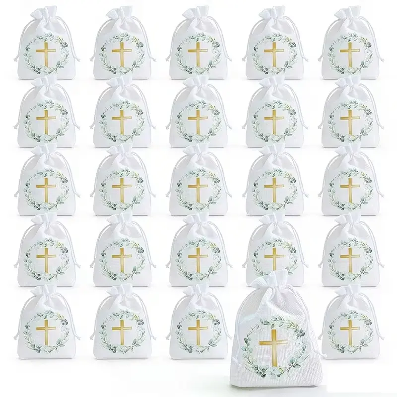 25Pcs Baptism Favor Bags, First Holy Communion Drawstring Gift Bags, Rustic Faux Burlap Treat Bags with Cross and Olive Branch for Christening, Confirmation, Wedding Party Religious Party Favors