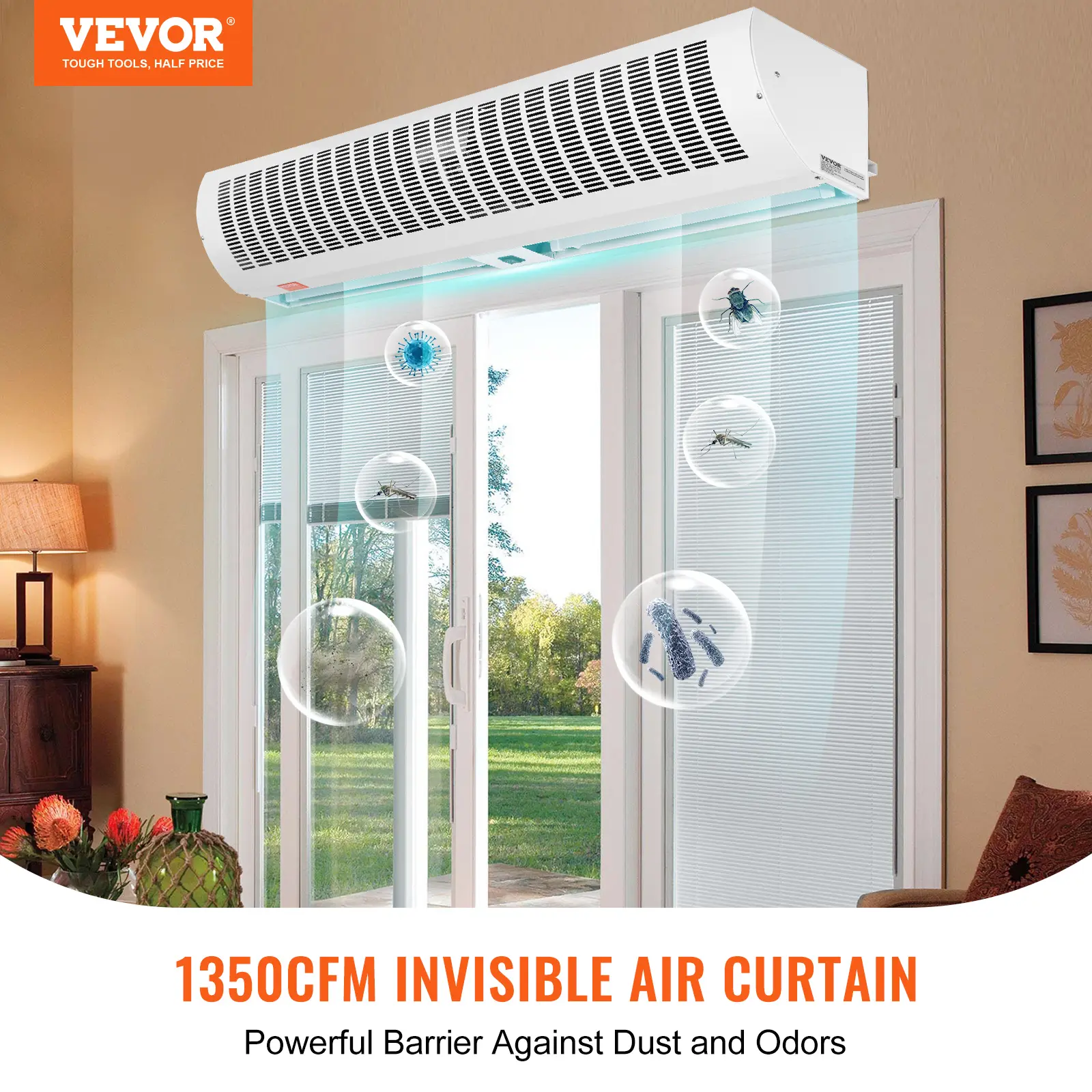 【summerfinds】VEVOR 42 In Commercial Metal Motor Indoor Air Curtain Dust Barrier, 1350 CFM Wall Mount Fan, 2-Speed Over Door Fan, Heavy Duty Limit Switch, Magnetic Door Fit, Easy-Install 110V Plug Unheated Unit, Powerful, Two-Speed Fans