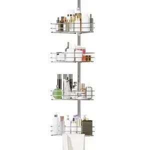 Corner Shower Caddy Tension Pole,4 Tier Metal Rustproof Shower Corner Caddy for Bathroom,Large Shower Organizer Shelves with Built-in Towel Bars - 75-110 Inch Adjustable