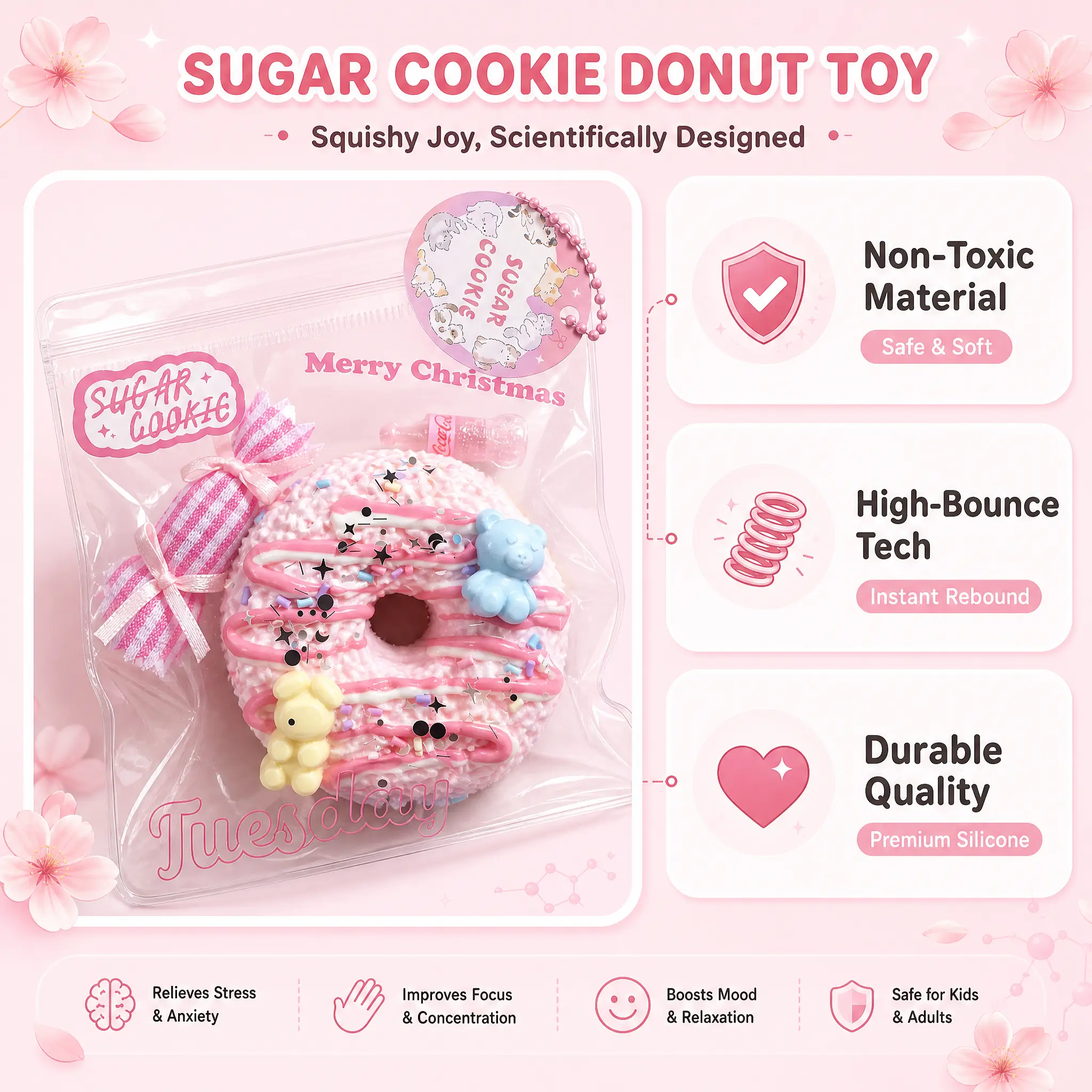 Kawaii Donut Squishy Toy with Cute Charms - Soft Slow-Rising Backpack Charm, School Locker Decor, Fidget Sensory Stress Reliever - Back-to-School, Birthday Gift for Girls