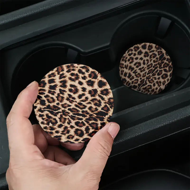 Leopard Print Car Coasters-2/4pcs Beautifully Packaged, Easy to Clean, Christmas or Birthday Gifts,Suitable for Both Men and Women, Car Interior Accessory, Car Interior Decor, Leopard Car Accessories
