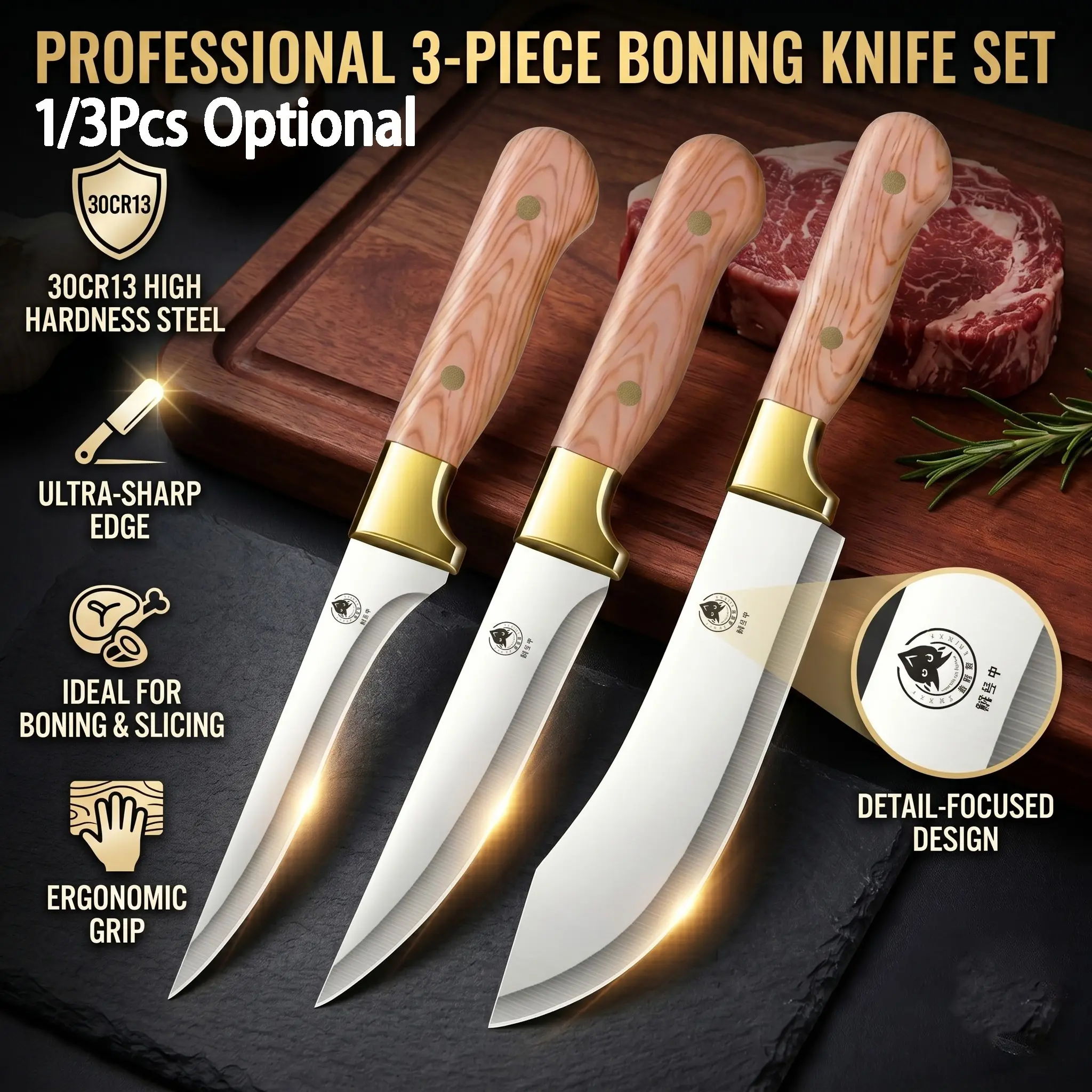 Professional Three-Piece Butchering Knife Set with Leather Sheaths, Steel Kitchenware & BBQ Meat Carving Knives, Multi-Functional Bone Removal Tools