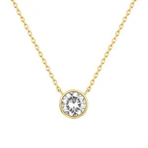 PAVOI 14K Gold Plated Circle CZ Solitaire Necklace - Dainty Elegant Bezel Pendant Necklace for Women