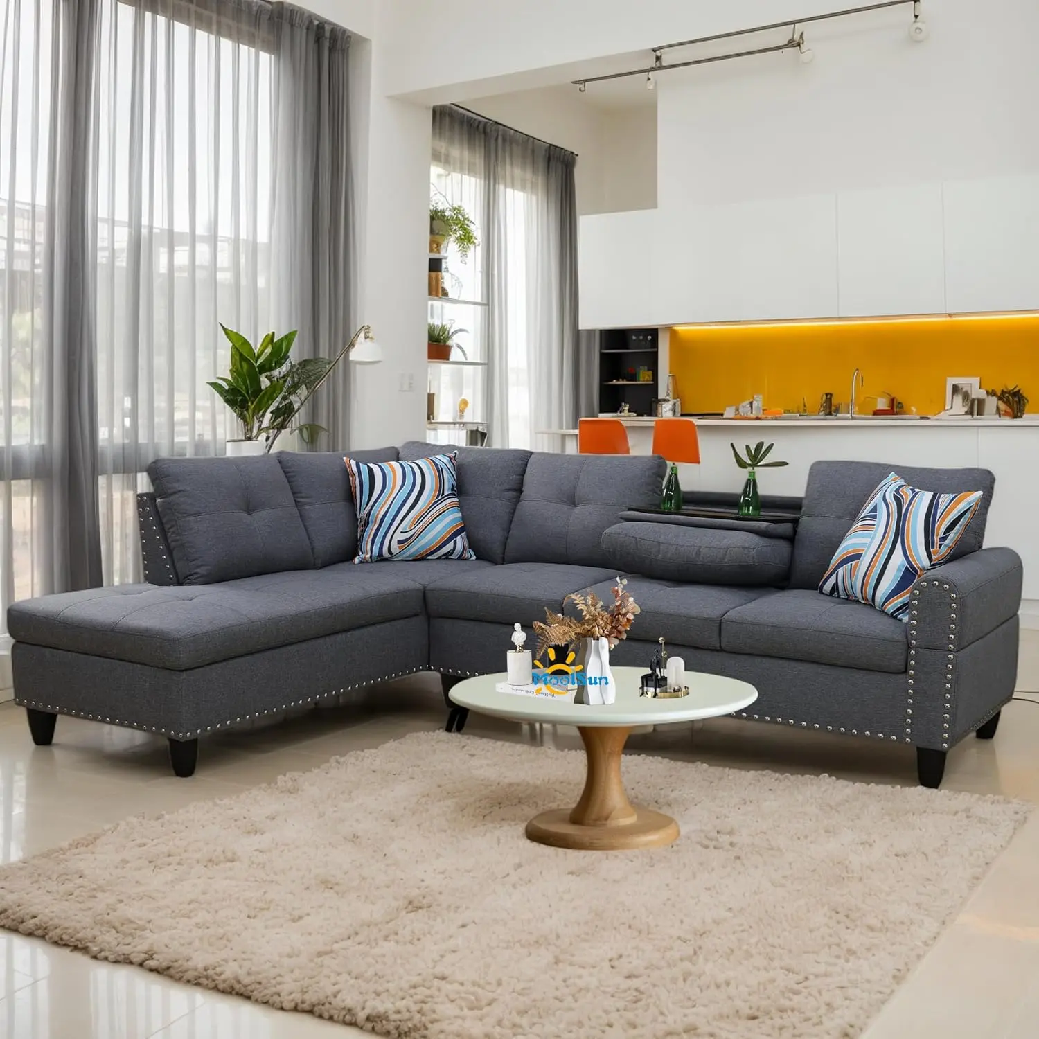 Sectional Couches with Ottoman Storage, Modern 4-Seaters Living Room Furniture Sets with Chaise Lounge, Ottoman & 2 Pillows | L Shape Couch | Cup Holder | Breathable Linen Fabric, Gray Sofa