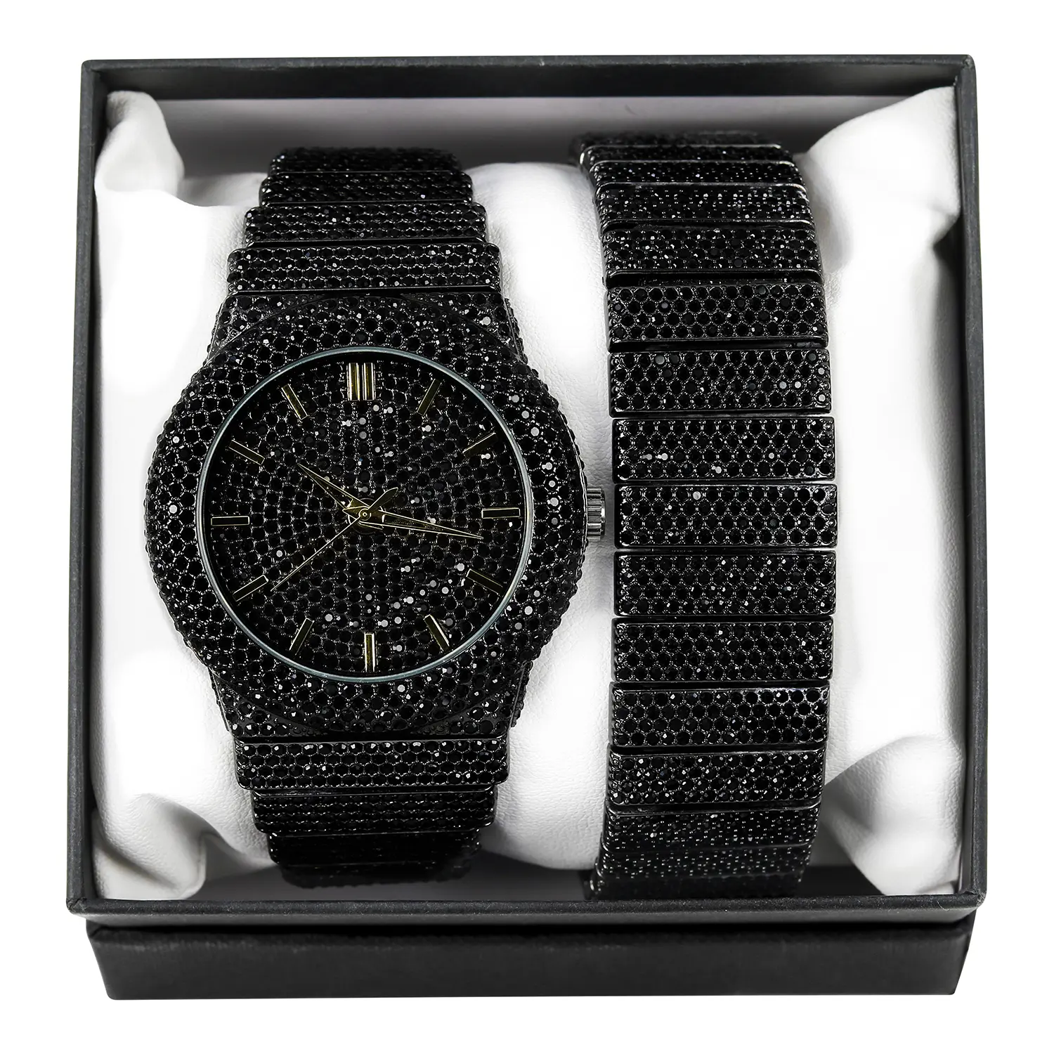 MaxBling81 Men's Black Round Quartz Analog Casual Wristwatch Set - Hip Hop Luxury Full Iced Chandelier Style, Black Diamond All-Metal Stone Band, Durable Stylish Fashion Accessory for Casual Wear, Durable Watch, Quartz Analog Watch, Stylish Watch