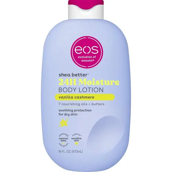 eos Shea Better Vanilla Cashmere Scented Body Lotion - 16 fl oz Moisturizing Hydrating Body Moisturizer for Dry Skin, 24-Hour Long Hydration, Lightweight, Non-Greasy, Natural Shea, Vegan, Caramel Fragrance, Smooth Cosmetic Care