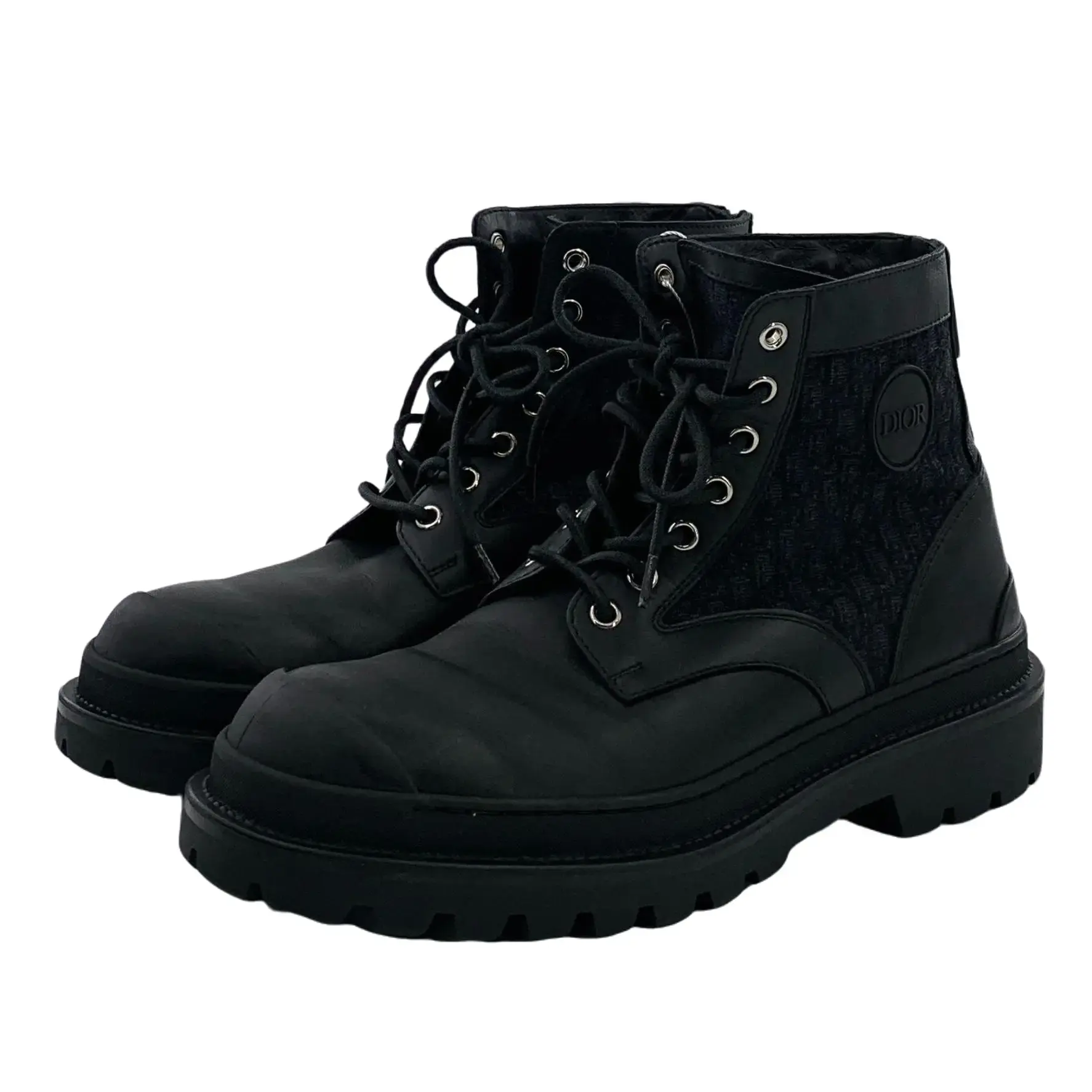 RDLT-Dior size 40 Explorer black round‑head calfskin monogram jacquard lace‑up casual flat ankle boots-H38236