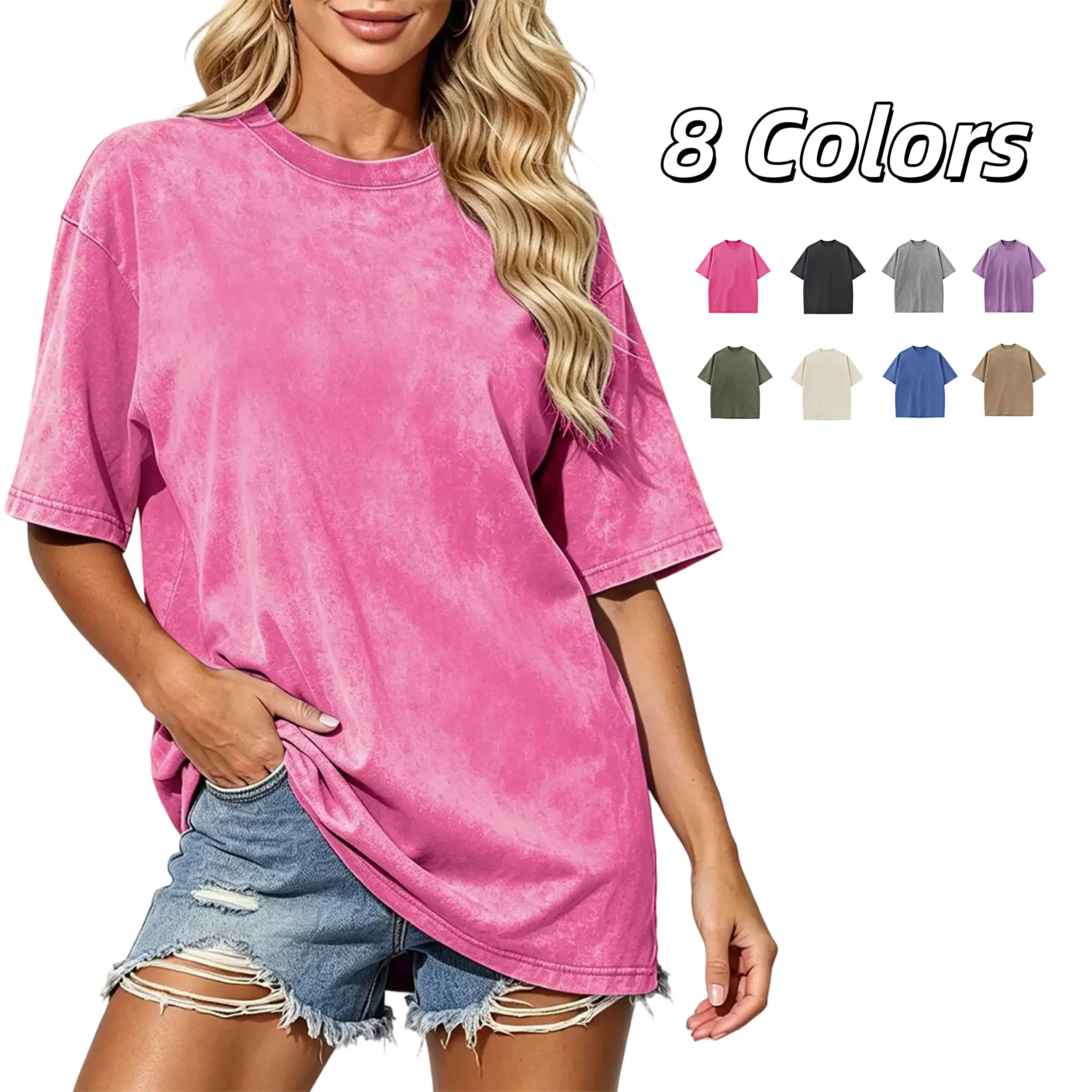 Oversized T-Shirt in Solid Acid Wash Cotton, Unisex Casual Loose Fit Streetwear with Half Length Sleeves and Crew Neck, Plain, Women, Basic, Everyday, Comfortable, Piece, Short, Top