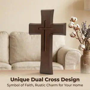 Handcrafted Black Walnut Cross Wall Decor – Unique Double Cross Design, Christian Home Wall Art, Rustic Wooden Hanging Cross, Easy Install (3 Ways), Faith Gift