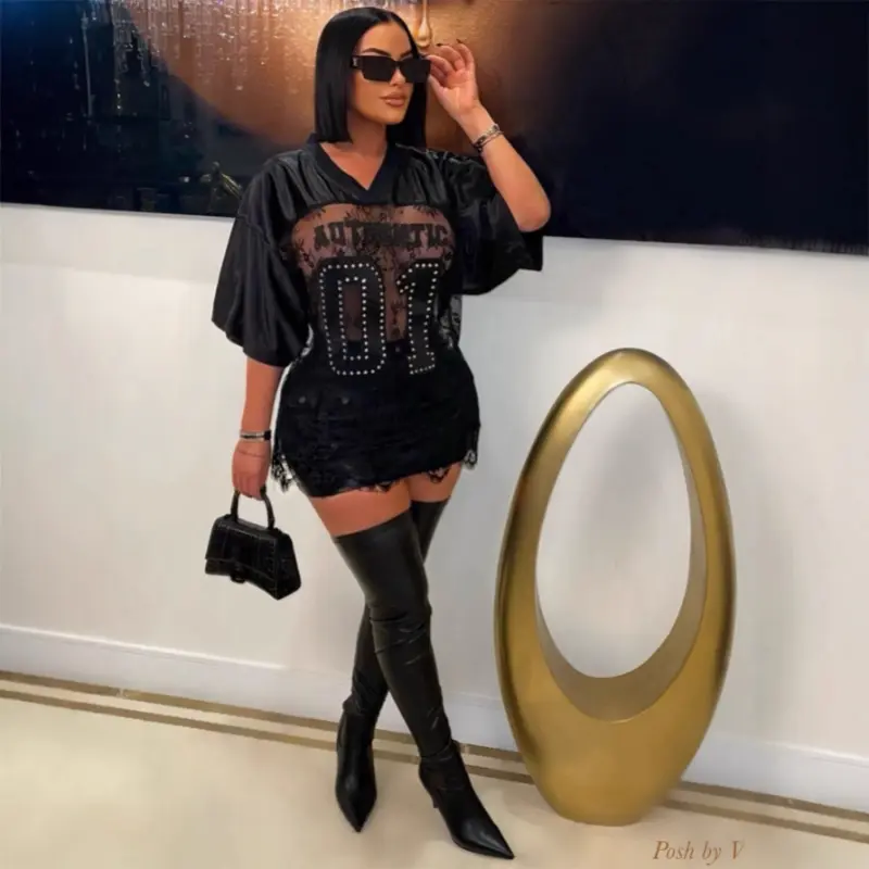 Women's Printed T-Shirt with Sheer Lace Panels, Casual Loose-Fit Short-Sleeve Streetwear Top, Printed Pattern, Aesthetic Streetwear, Sheer Fabric