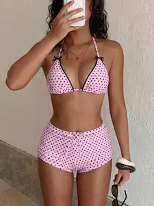 Women's summer beach pink two-piece bikini set, triangle halter top and four-cornered flat pants, seductive and sexy swimsuit for women, holiday pool party fashion swimsuit Bikini Top Shorts Combo