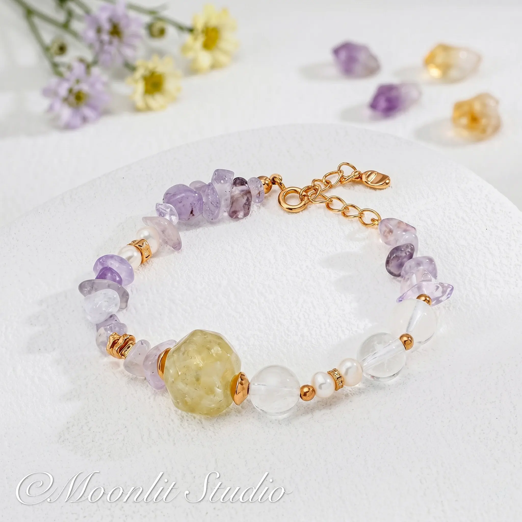 Natural Amethyst & Citrine Healing Crystal Bracelet | S925 Silver Vintage Gold Bangle | Raw Gemstone Spiritual Jewelry