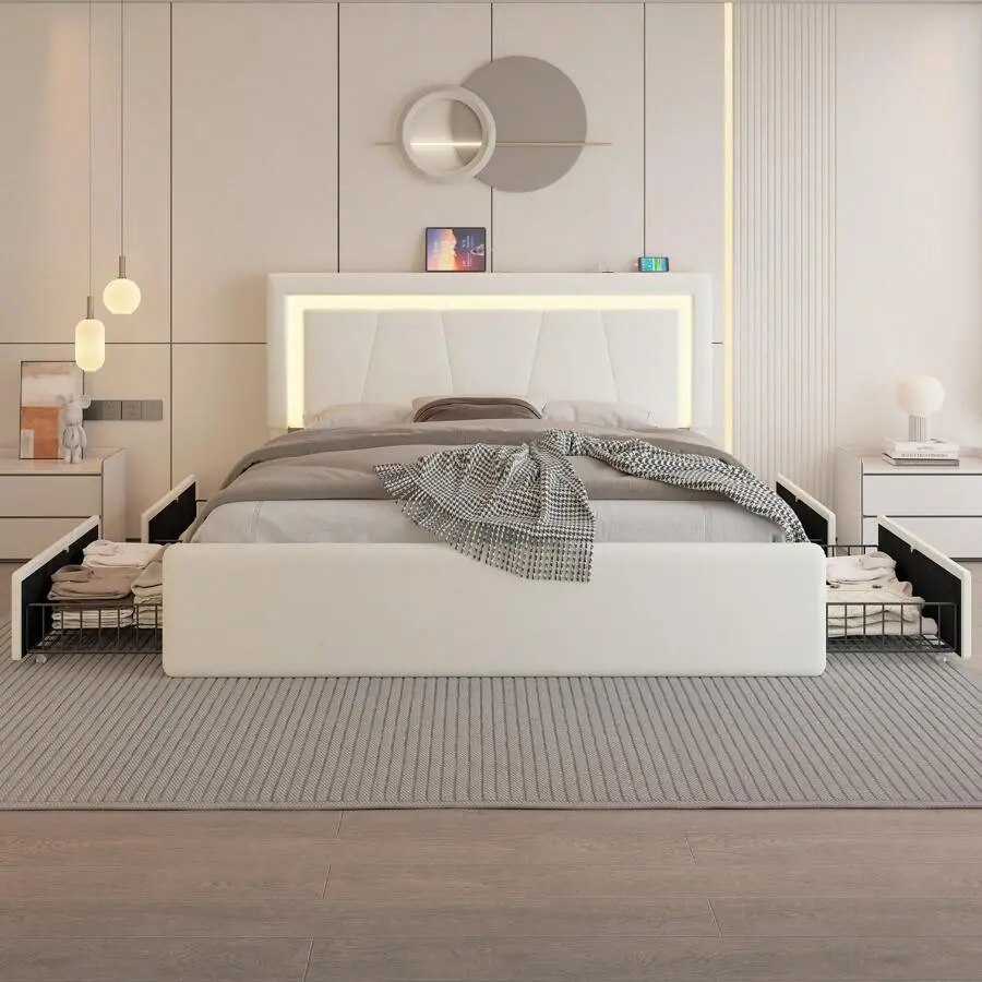 Upholstered Bed Frame with Storage Drawers - 4 Large Drawers, RGB LED Lights, Adjustable Headboard, Easy to Assemble, Bedframe With Storage Drawers