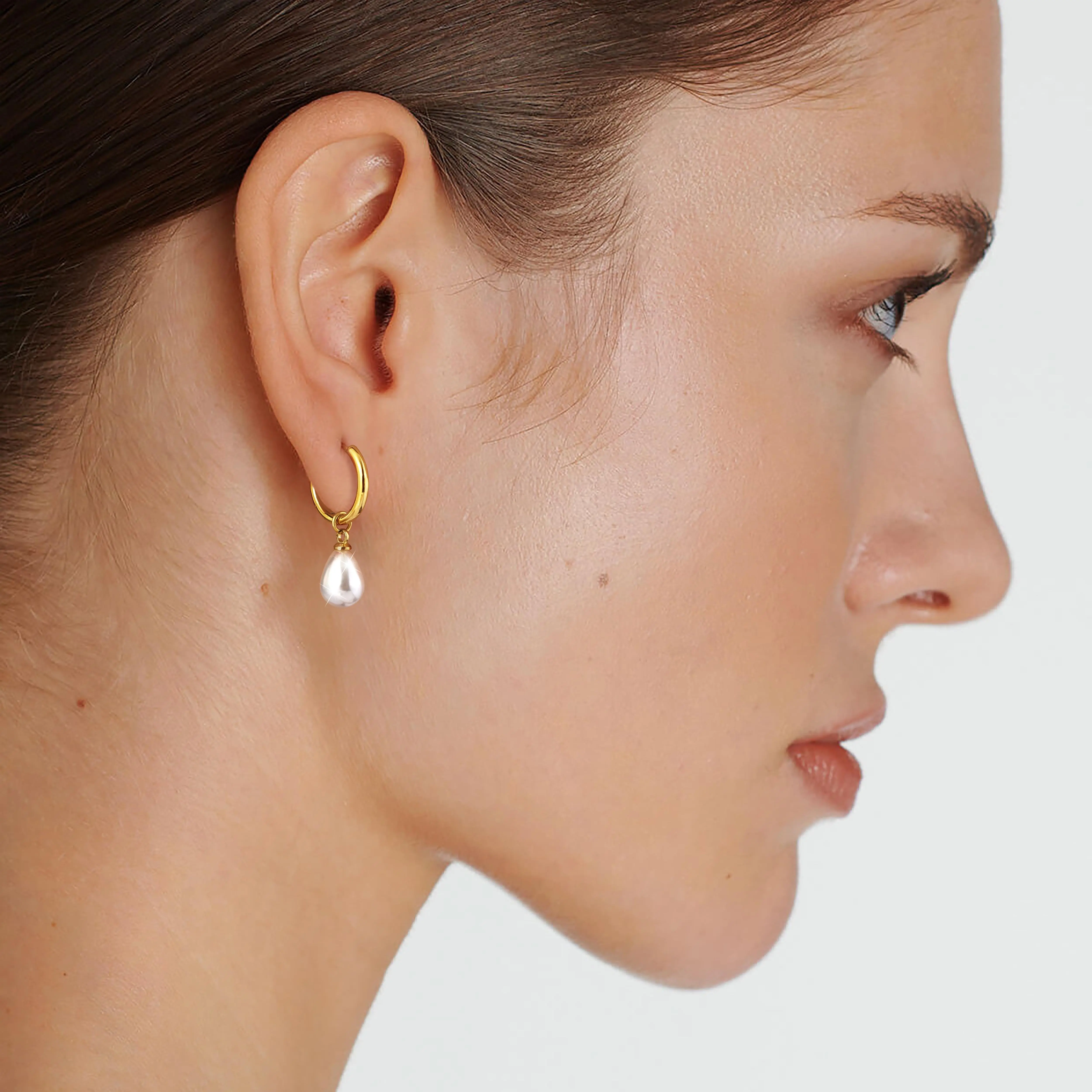 KOPERIN Gold Plated Teardrop Pearl Dangle Huggie Hoop Earrings for Women,Hypoallergenic Lightweight Gold Pearl Drop Earrings,Trendy Wedding Bridesmaid Women Accessories Jewelry Gifts for Women