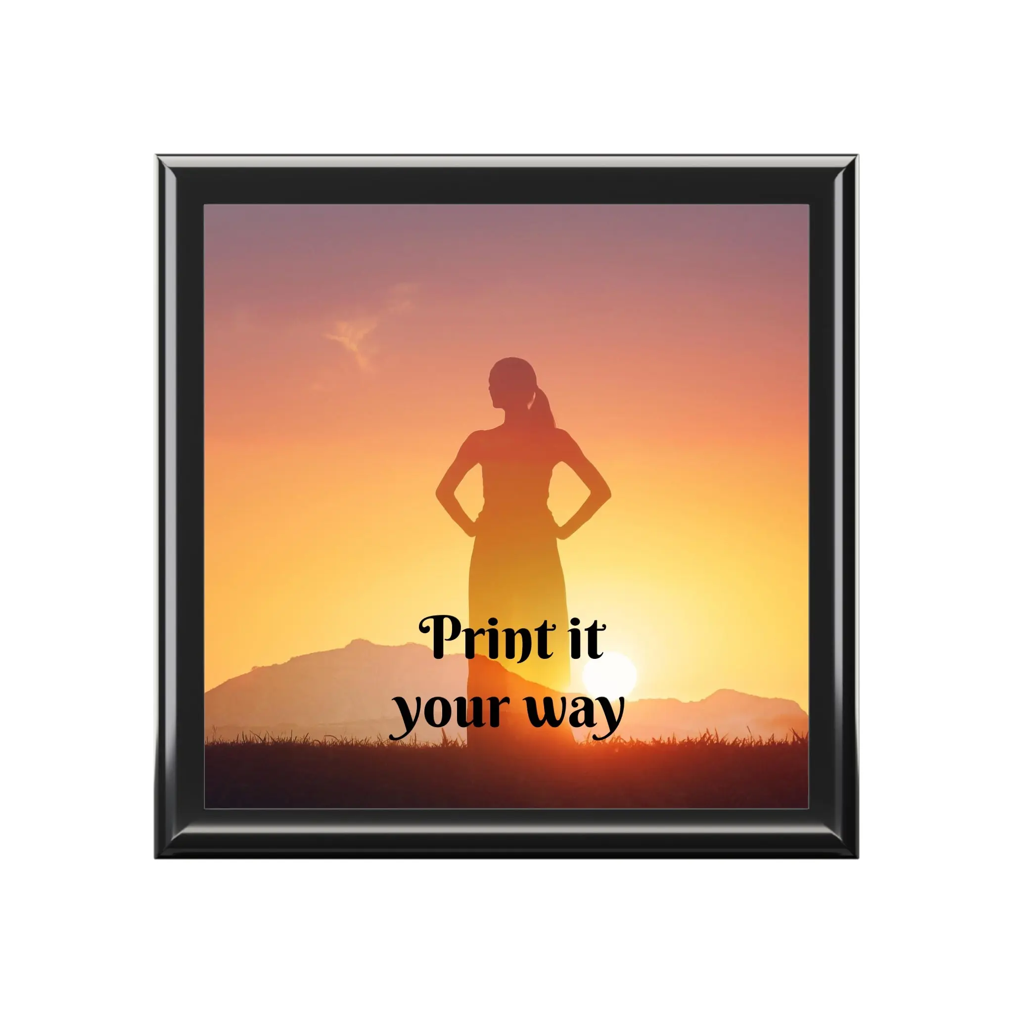 Glossy Wooden Personalized Sunset Keepsake Jewelry Box with Custom Tile - Home Organizer Storage Box