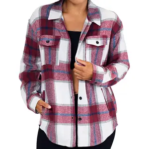 CVG Shacket Red Plaid Drop Shoulder Fitted Long Sleeve Collared Neck Casual Preppy Classic Autumn Winter Medium Length Outerwear with Pockets & Button Closure Jacket Coats
