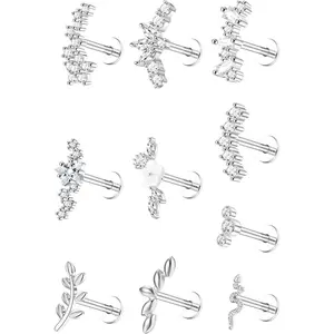 Women's 10Pcs 16G Stainless Steel Internally Threaded Flat Back Stud Earrings, Butterfly & Zircon Tragus-Helix Piercing Jewelry, Simple Earrings, Elegant Fashion Accessories