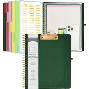 Foldable Spiral Clipboard Folio with Storage Zipper Pouch, 5 Plastic Folders with 10 Pockets,Refillable Lined Notepad (11" x 8.5"), Hardcover Project Organizer with 39 Stickers (Dark Green)