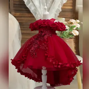 Girls Princess Dress High Low Long Train 3D Flowers Halloween Costume Spooky Party Outfit Trick or Treat Fancy Dress Up Gown Birthday Performance Elegant Style