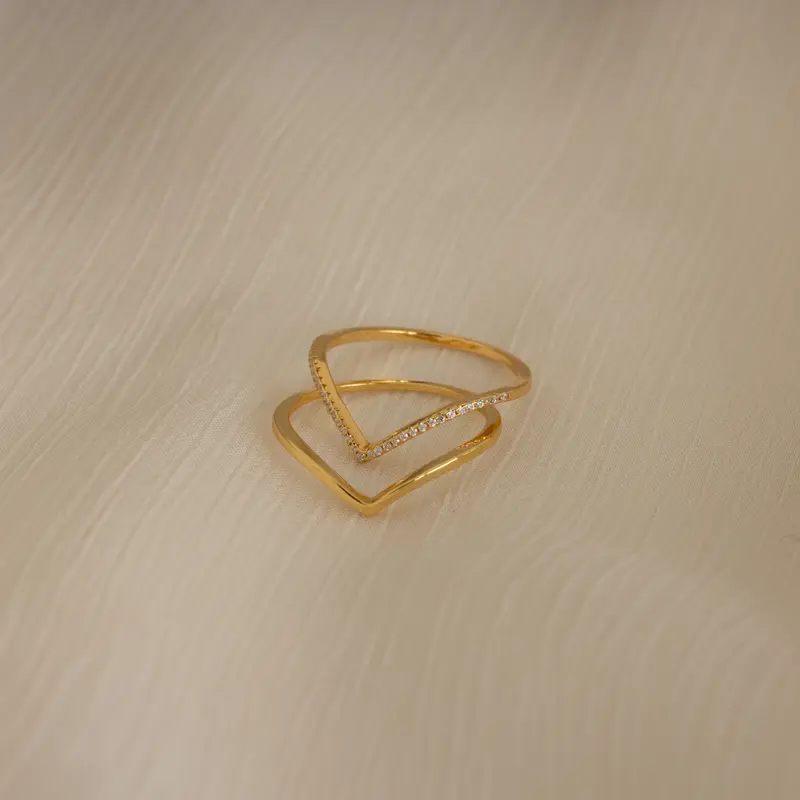 Curve Stacking Set by Caitlyn Minimalist - Set of 2: Diamond Chevron Ring & Minimalist Curved Ring - Vintage Stacking Rings - Gold Jewelry - Gift for Her