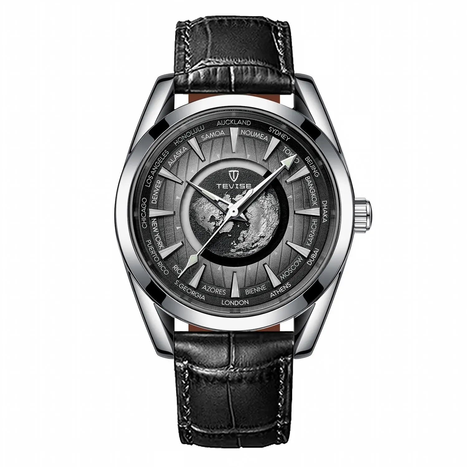 TEVISE Men's Mechanical Watch - Earth Dial, Leather Strap, Luminous Waterproof