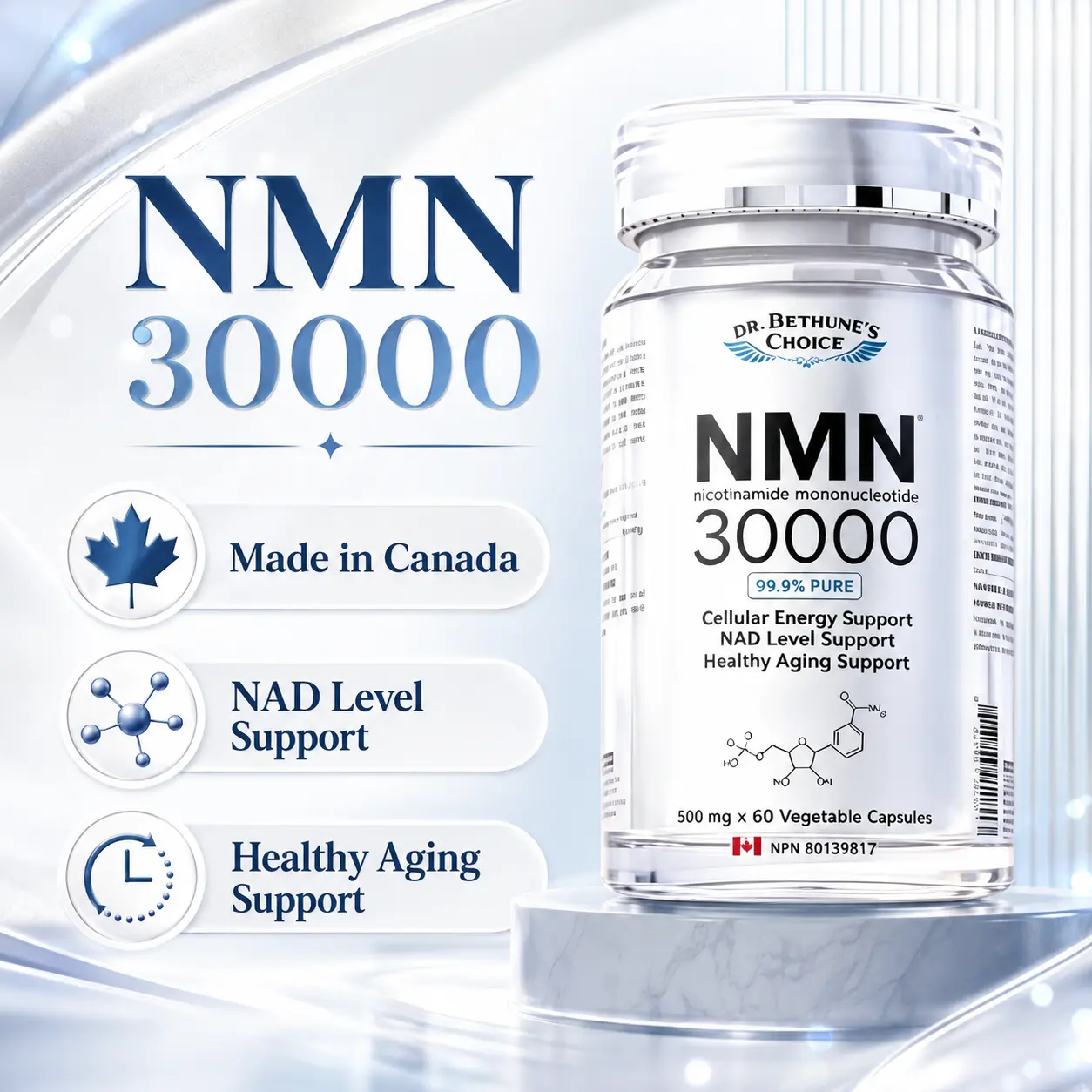 Dr. Bethune's Choice NMN 30000 Supplement, 99.9% Pure Nicotinamide Mononucleotide, 500mg x 60 Vegetable Capsules, NAD Level & Cellular Energy Support