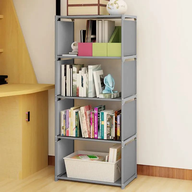CNCEST 4-Tier Woven Fabric Blend Metal Bookshelf - Stable Organizer, Contemporary Vertical Storage Rack Living Room Furniture, Sturdy Base, Interior Shelves, Space-Saving, Requires No Complex Assembly for Small Room Dorm Use