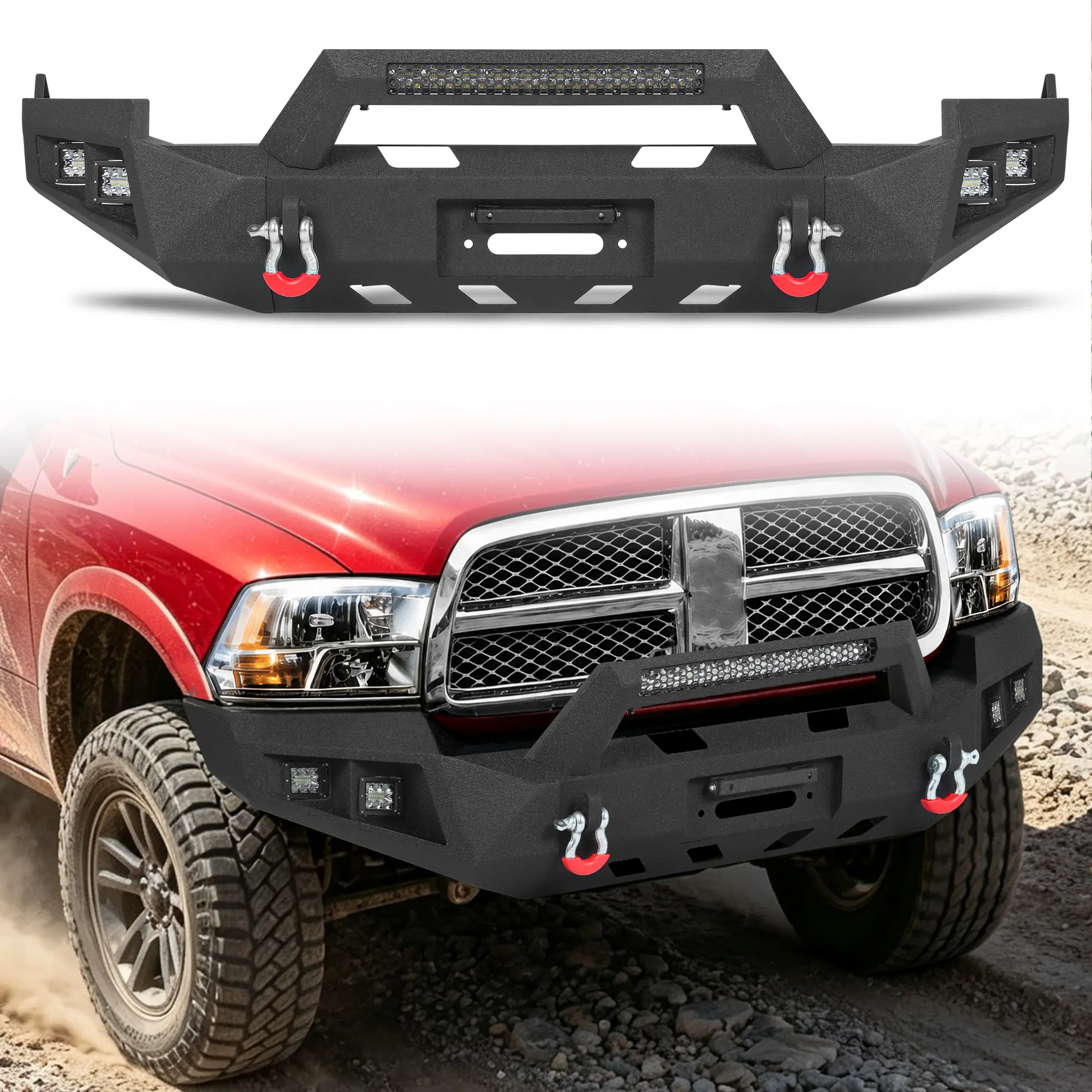 MONOKING Front Bumper for 2009-2012 Ram 1500 Regular/Quad/Crew/Mega Cab, Excludes Sport/Express/R/T, 1/8-Inch Steel Off-Road Bumper with 144W Light Bar, 18W LED Pods, Winch Plate and D-Rings
