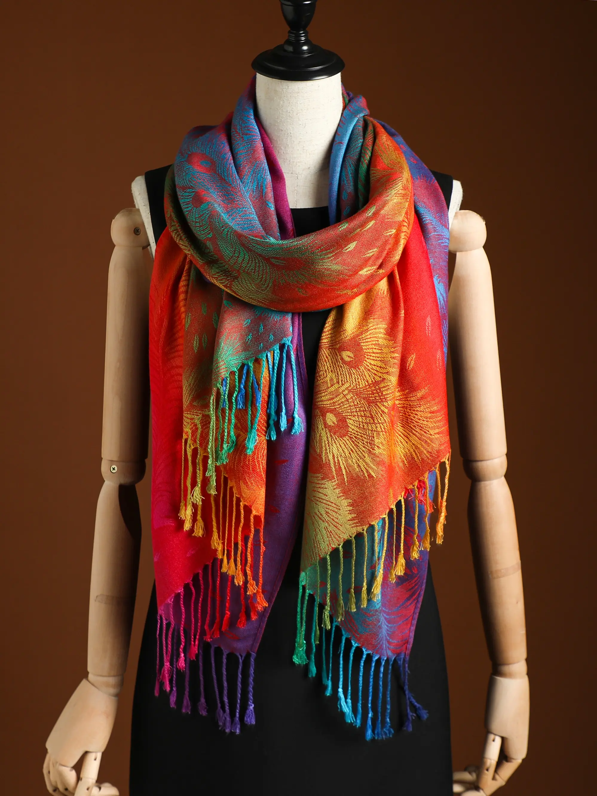 Boho Feather Print Scarf, Bohemian Flair, Long Fringe Design Shawl, Long Tassels, Beautiful Pashmina Wrap, All-Season Woven Fabric, Casual Style, Moderate Thickness, Tassel Decor