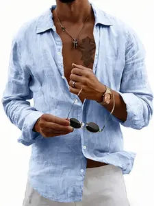 Men's casual linen-blend long-sleeved shirt, suitable for daily wear and travel, featuring lightweight and breathable fabric design