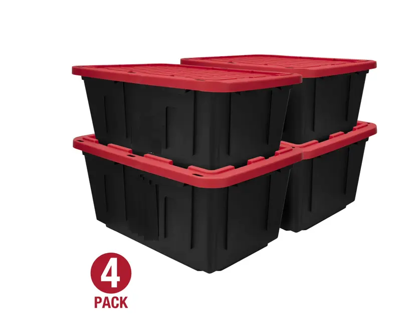 (Pack of 4)  27 Gallon Large Storage Bin with Snap Lid, Black and Red, Heavy Duty Plastic Storage Container