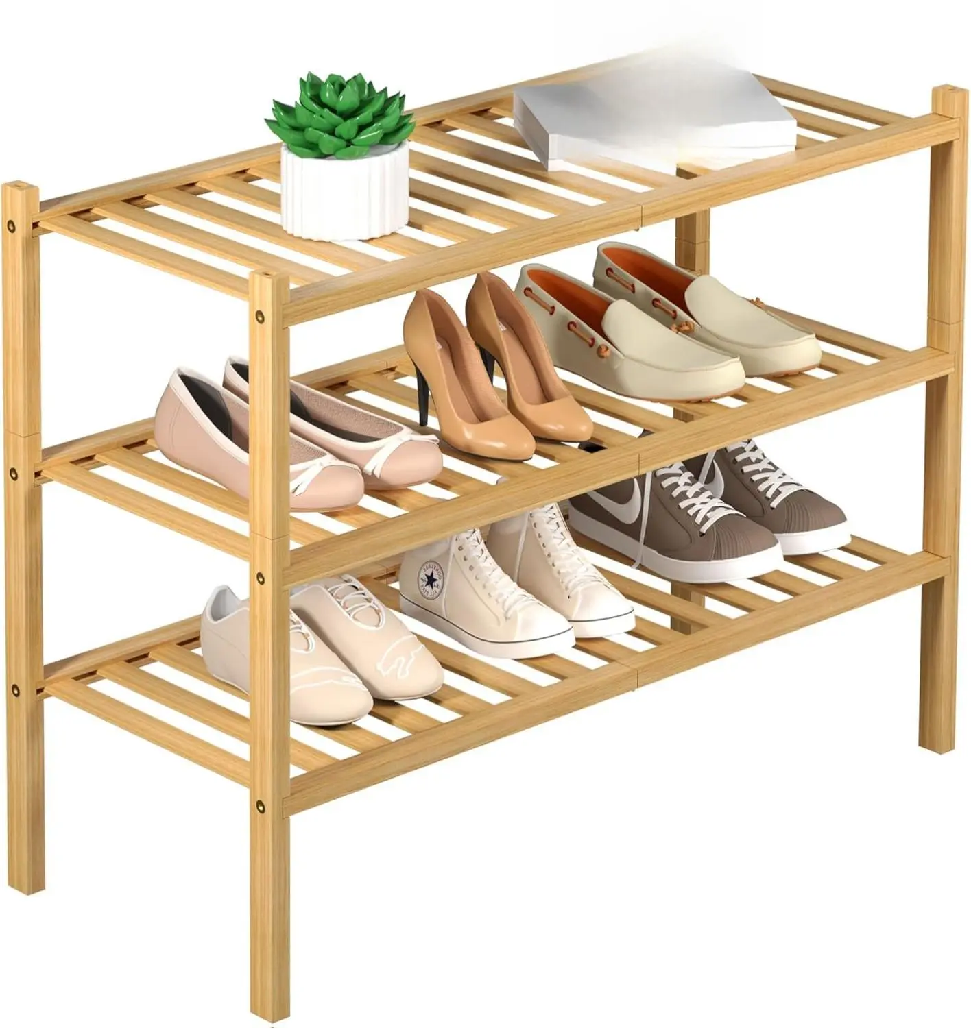3 Tier Bamboo Shoe Rack for Closet Free Standing Wood Shoe Shelf Storage Organizer for Entryway Small Space Stackable 27"x11"x20" (Natural)