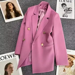 Solid Casual Coat Metal Buckle Small Suit Jacket Women Clothing Summer Double Breasted