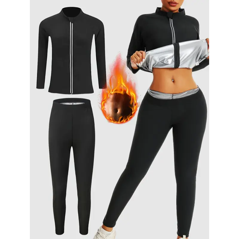 Lady sauna sport outfit - long-sleeved hooded jacket and trousers, with a high collar design, made of polyester fiber spandex, machine washable