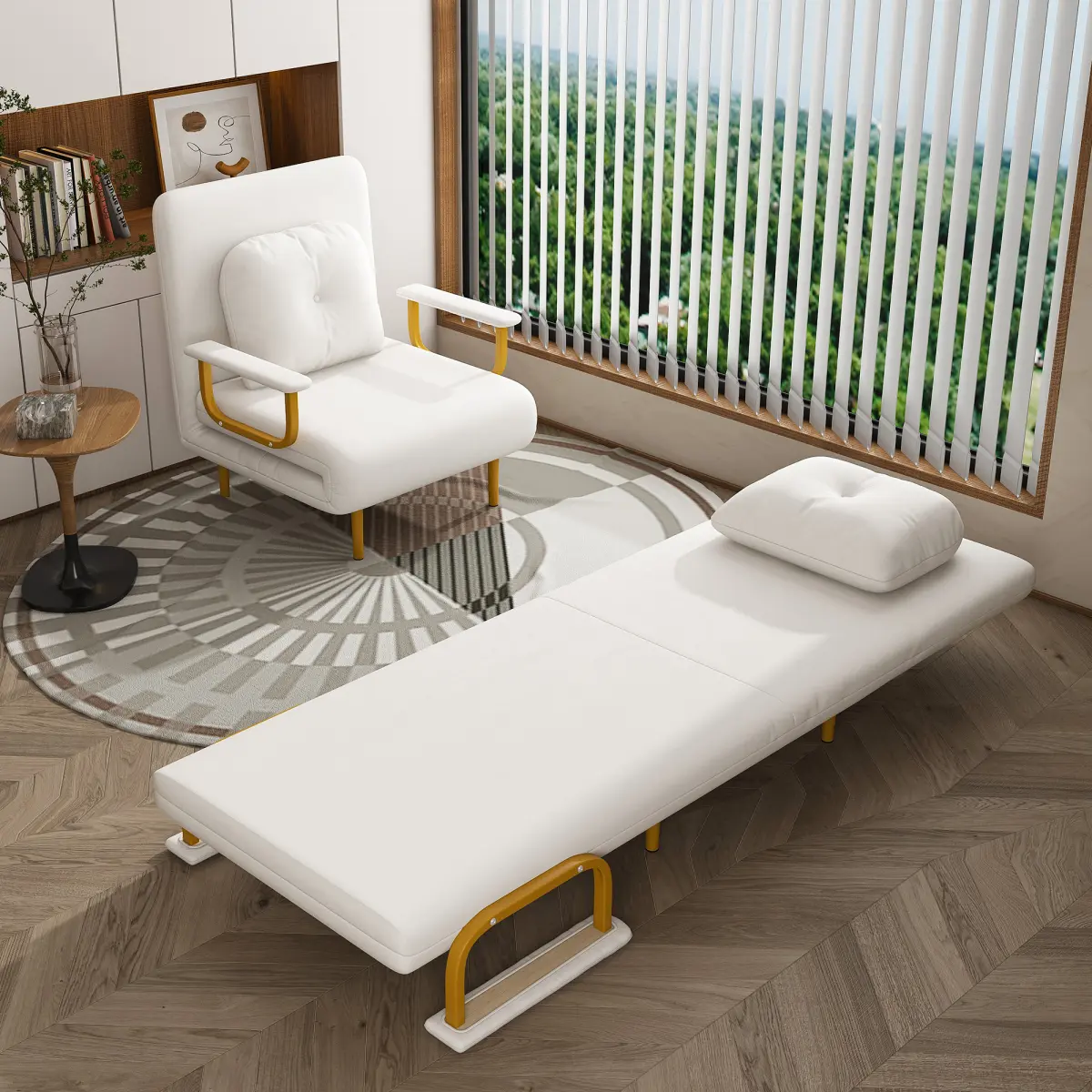 [Bellemave]Folding Sofa Bed 3-in-1 Convertible Chair - 5-Position Adjustable Backrest with Pillow, Space-Saving Sleeper for Living Room, Bedroom & Office (White)    RR