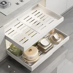 Pull Out Cabinet Organizer Expandable Width(12"-18") And Depth(14"-24") No Drill Need Slide Out Drawers With 3 Rails, Heavy Duty Roll Out Shelf Storage For Kitchen, Bathroom Organization