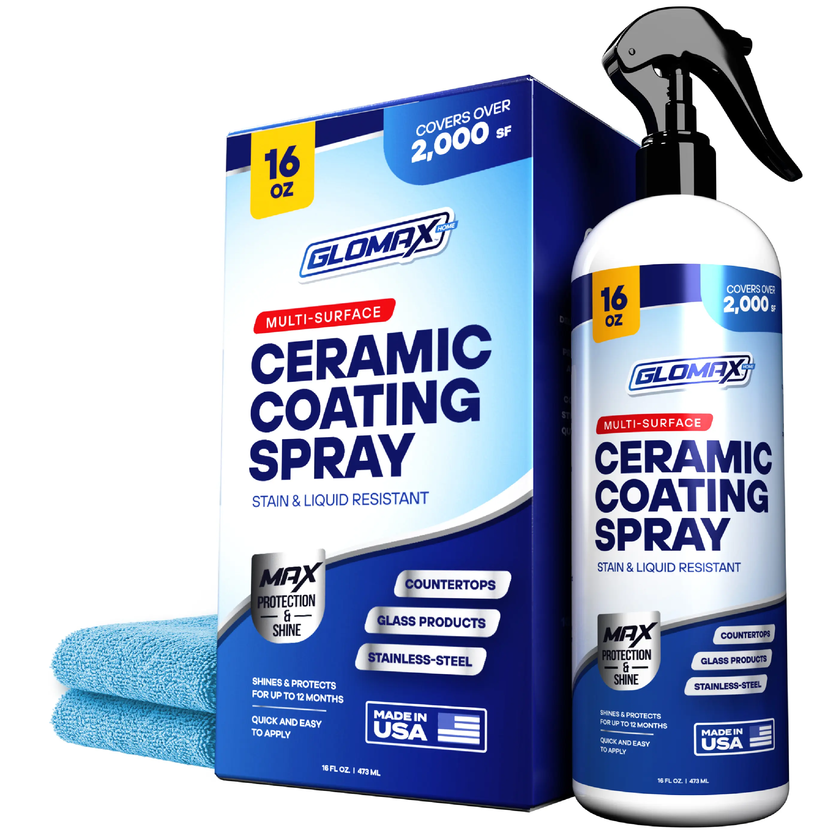 GLOMAX Home Ceramic Coating Spray Kit (16 oz) - Shine, Seal & Protect Stainless Steal, Glass, Kitchen & Bath Surfaces - Extremely Hydrophobic - Repels Stains & Grime - Includes 2 Micro Fiber Towels