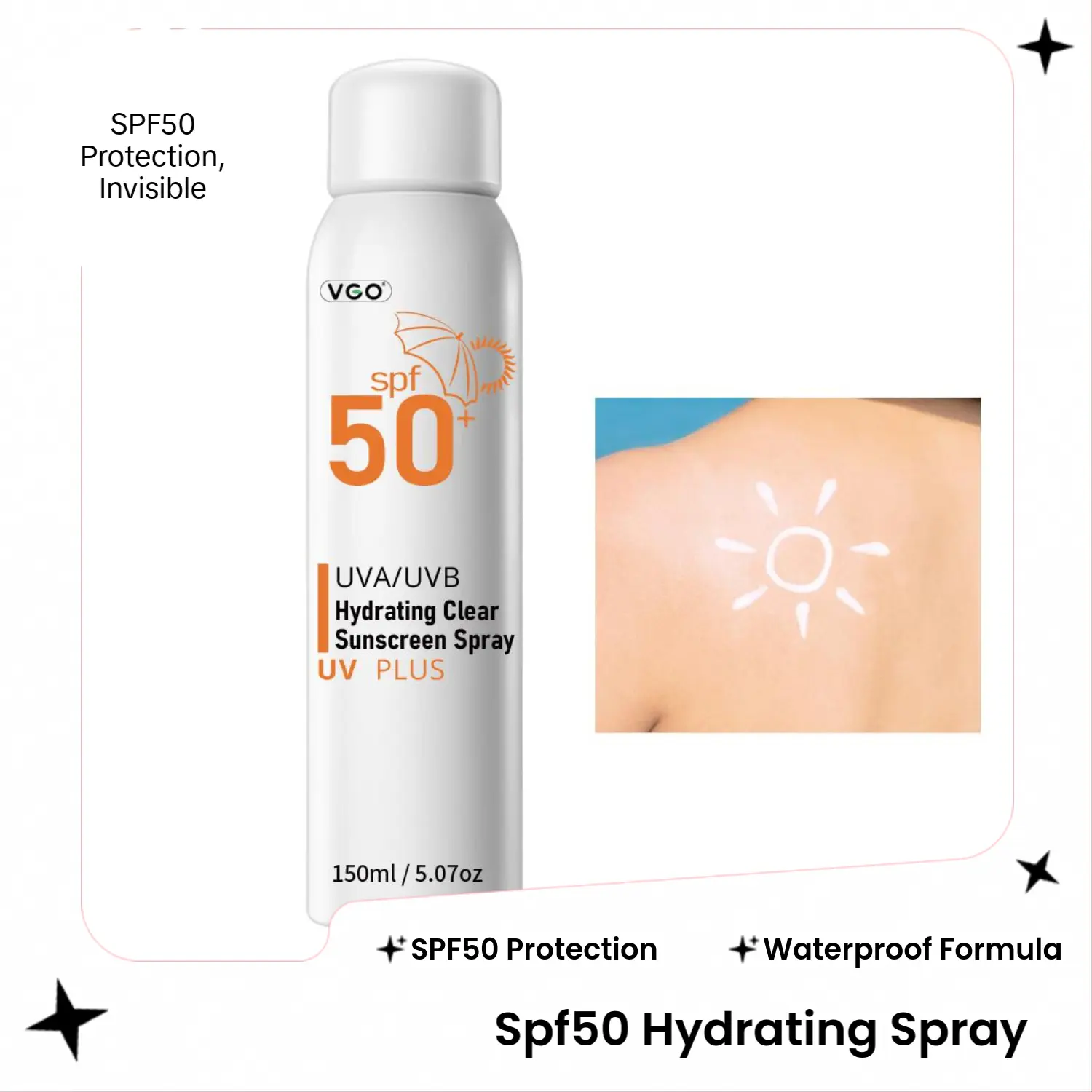VGO Hydrating Mist Facial Sunscreen Spray - SPF50+ PA+++, Waterproof Anti-Aging Sun Care with Titanium Dioxide, Benzophenone-3, Methoxy Cinnamate Ethyl Ester, Invisible Film for All Adult Skin Types, Hydrating Mist Spf Facial Sunscreen & Sun Care, Bottle,