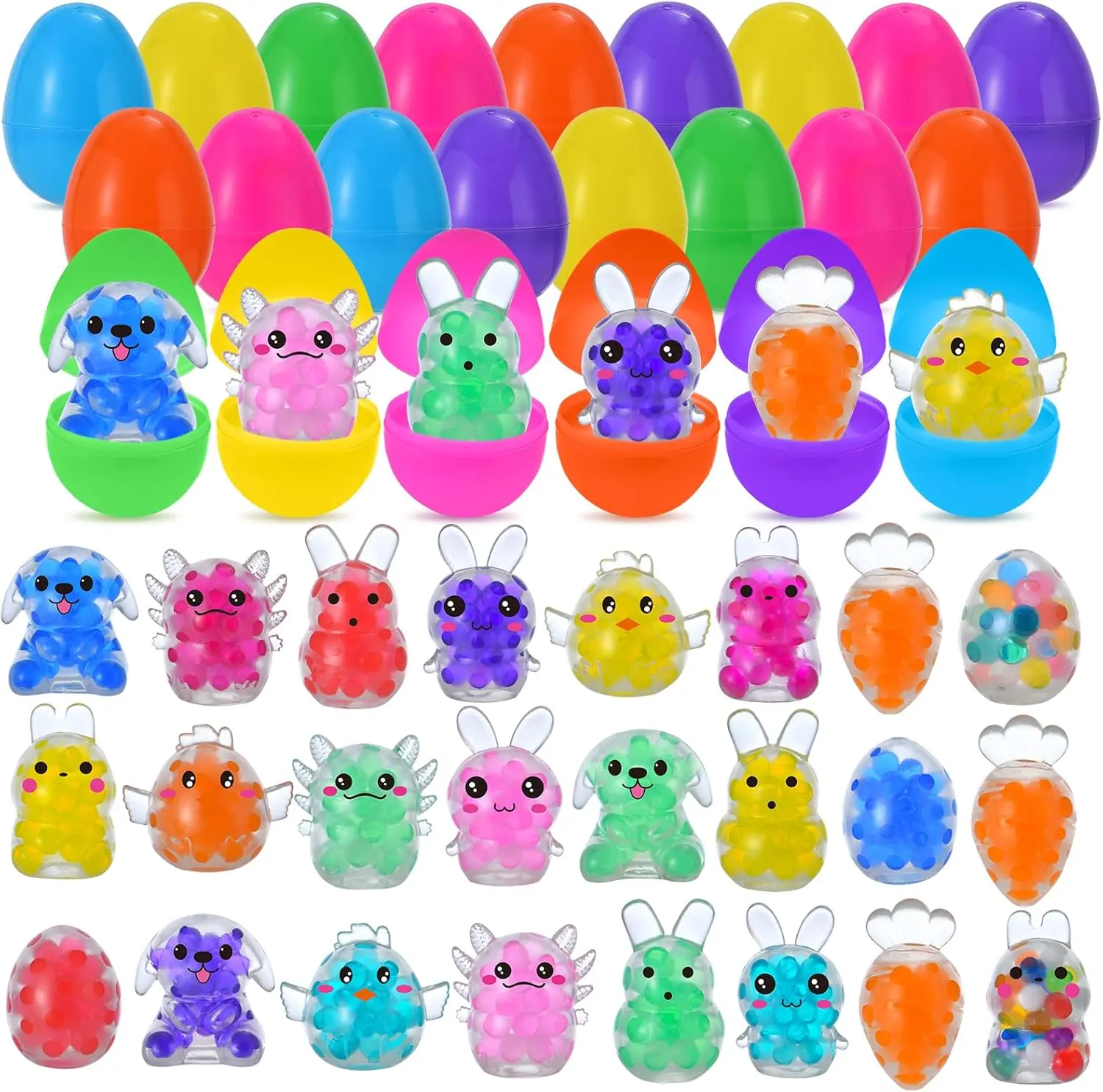 Mother's Day Gift 24-Pack Prefilled Easter Eggs with Stress Balls – Bunny & Axolotl Squishy Toys for Easter Egg Fillers, Basket Stuffers, Party Favors & Gifts