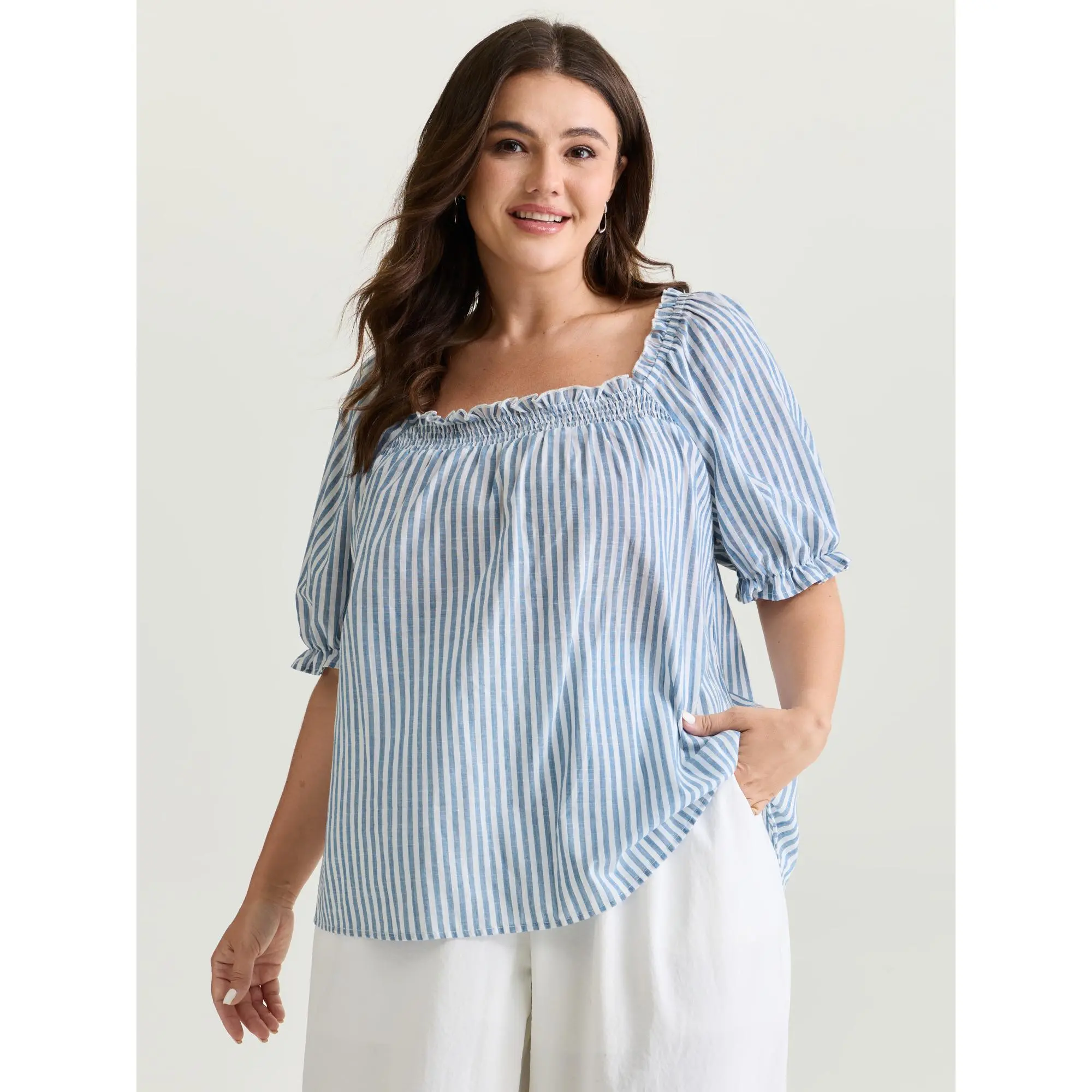 BloomChic Plus Size Cerulean Striped Casual Blouse - 100% Cotton, Breathable, Bust-Friendly Smocked Bodice, Short Lantern Sleeves, Regular Length, Smooth Finish, Machine Washable Women's Plus Size Tops Blouses Shirts Tops