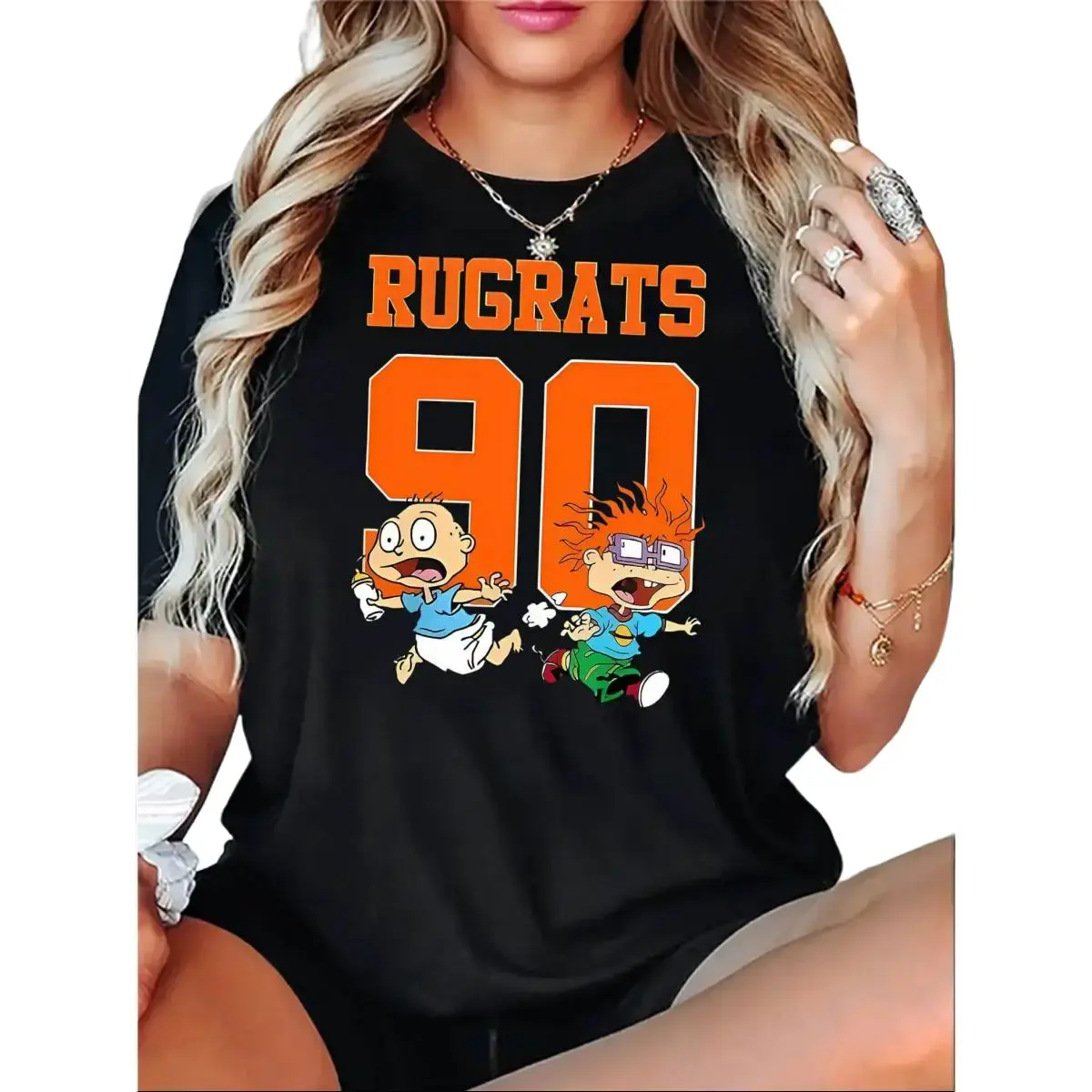 Women's Rugrats Graphic Tee Black Short Sleeve T Shirt Cartoon Print Round Neck Comfortable Summer Top Casual Wear Playful Print All Seasons Fit Clothes