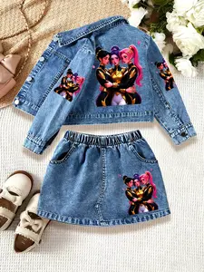 Girls' Cartoon Print Denim Jacket & Short Skirt Set, Casual Fitted Design, Perfect for Spring & Fall, Ages 1-8, Ideal Gift
