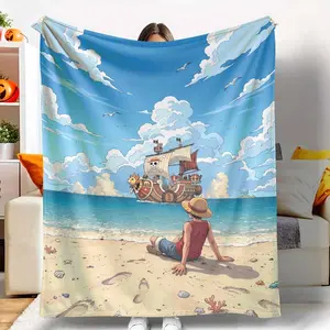 Ocean Adventure Ship Flannel Blanket， Cartoon Seaside Voyage Print Pattern， Soft Warm Breathable Cozy Texture， Perfect for Bedroom Sofa Travel Beach Picnic Home Decor Gift