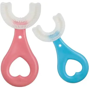 2 Pcs U-Shaped Kids Toothbrush, Premium Soft Manual Training Toothbrush for Kids 2-6 Years Old.(Blue+Pink)