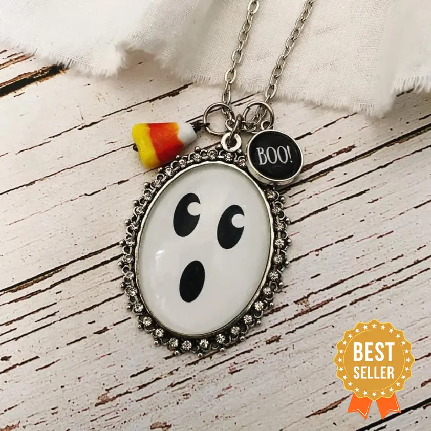 Ghost Halloween Necklace with BOO & Candy Corn Charm