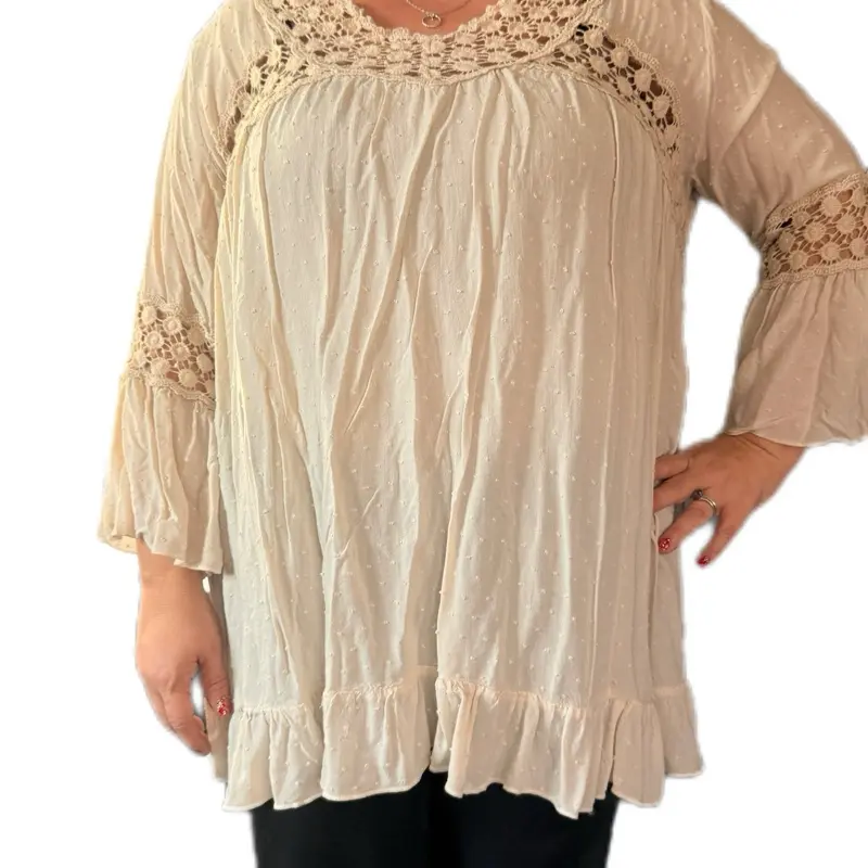 Elegant Cream Lace Trim Tunic Top with Bell Sleeves and Ruffled Hem for Women