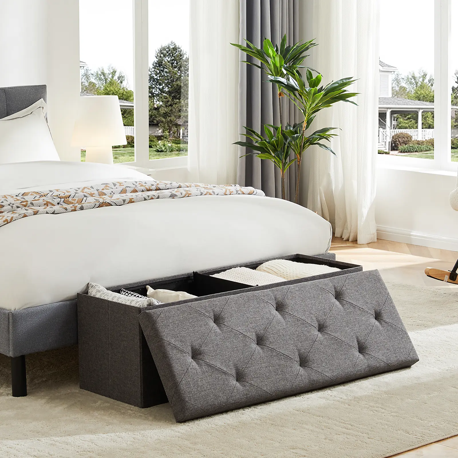 HomeSquad Foldable Storage Ottoman: Large Grey Cloth Ottoman Bench with Padded Seat for Bedroom End of Bed, Entryway, and Living Room