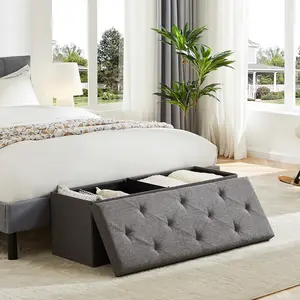 HomeSquad Foldable Storage Ottoman: Large Grey Cloth Ottoman Bench with Padded Seat for Bedroom End of Bed, Entryway, and Living Room